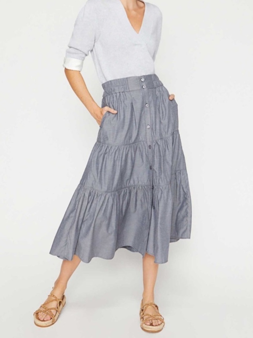 Brochu Walker Havana Tiered Midi Skirt Front Buttons Blue/Grey Medium Flowy